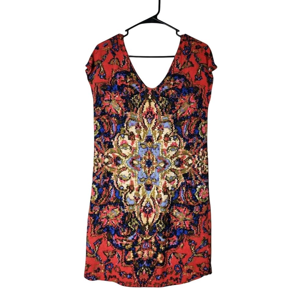 Anthropologie Maeve‎ Mini Shift Dress Size XS Red Medallion Short Sleeve